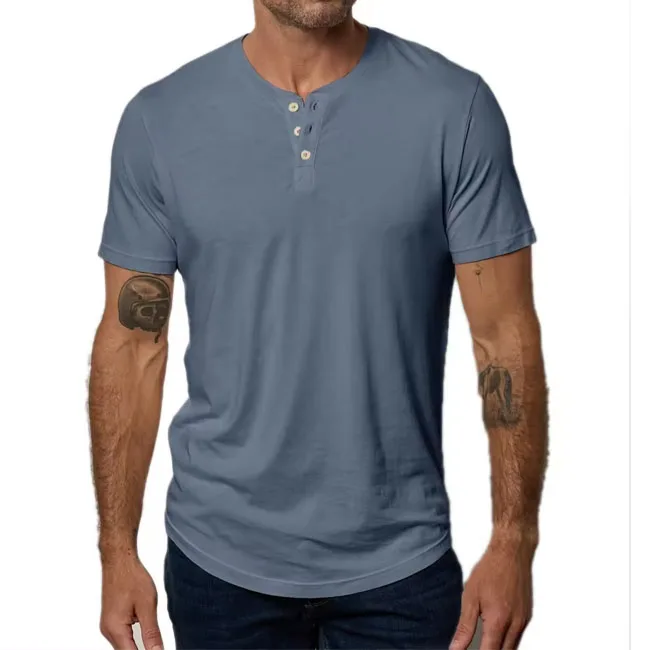 High Quality Short Sleeve Henley Tee Shirt Men Clothing Sportswear Workout Lightweight Slim Fit Crew Neck Henley T Shirt Men