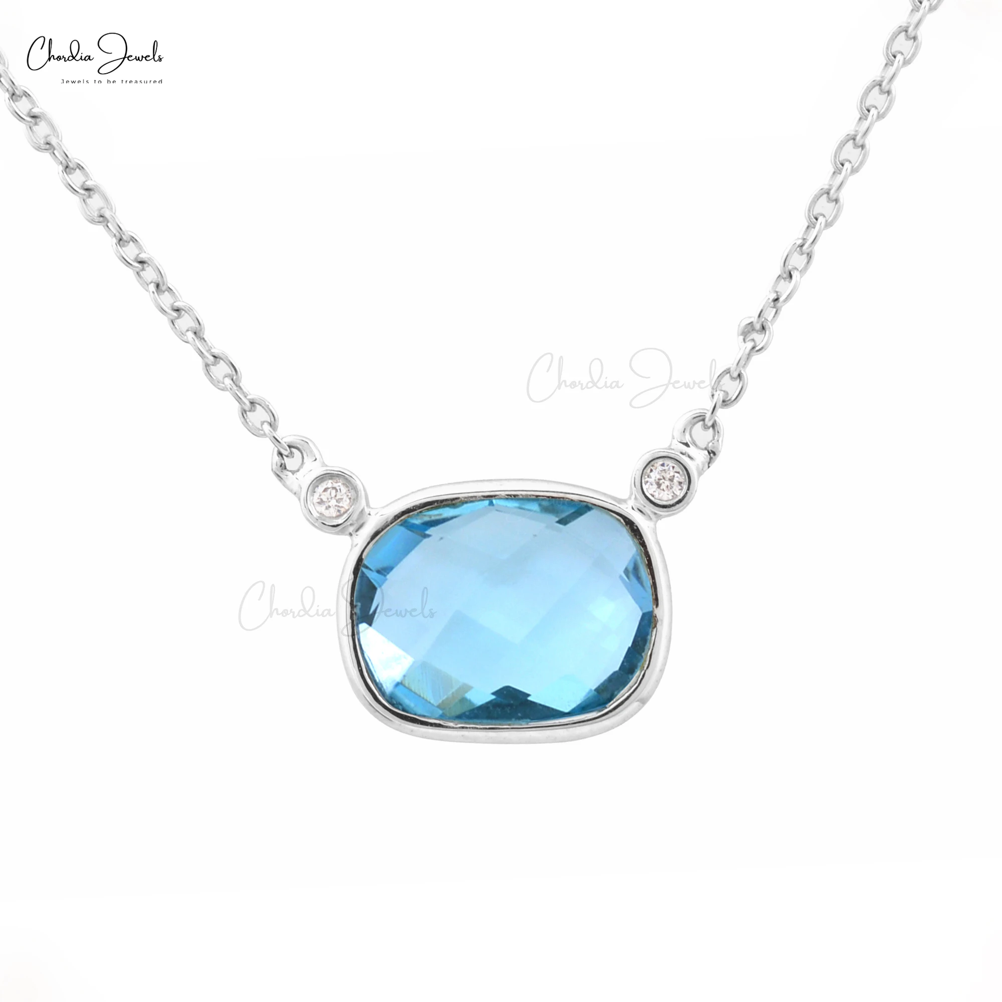 Natural Swiss Blue Topaz and Diamond Necklace 14k Real Gold Gemstone Jewelry Women Necklace for Wedding Gift Wholesale Price