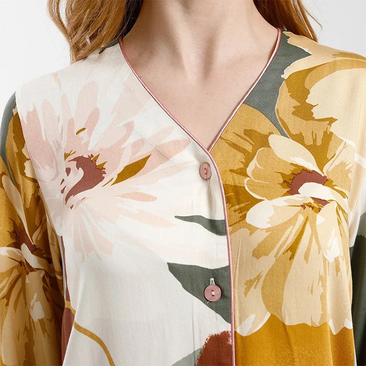 Long Print Set Pajama Ladies Casual Home wear Wholesale Knitted Sleepwear Women