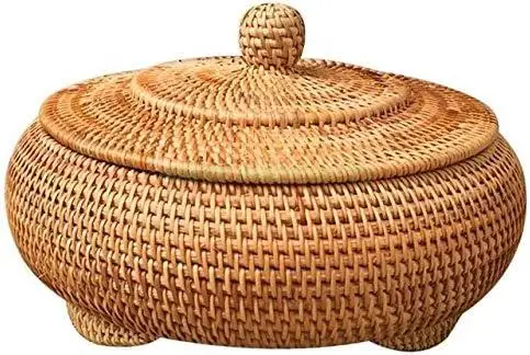 Round Rattan Boxes with Lid Hand-Woven Multi-Purpose Wicker Tray 8.5 Inch Picnic Food Bread Table Storage Basket