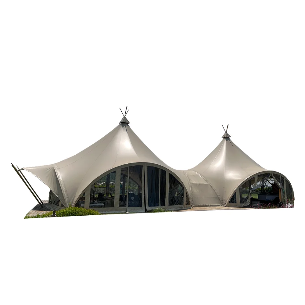 Outdoor Luxury Double-peak High Tensile Fabric Safari Teepee Glamping Tent For Restaurant And Bar