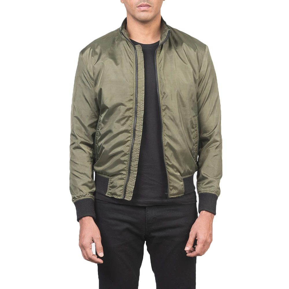 Fashionable Custom Polyester Olive Green Plain Casual Bomber Jackets Men Wholesale OEM High Street Bomber Jackets In Low MOQ