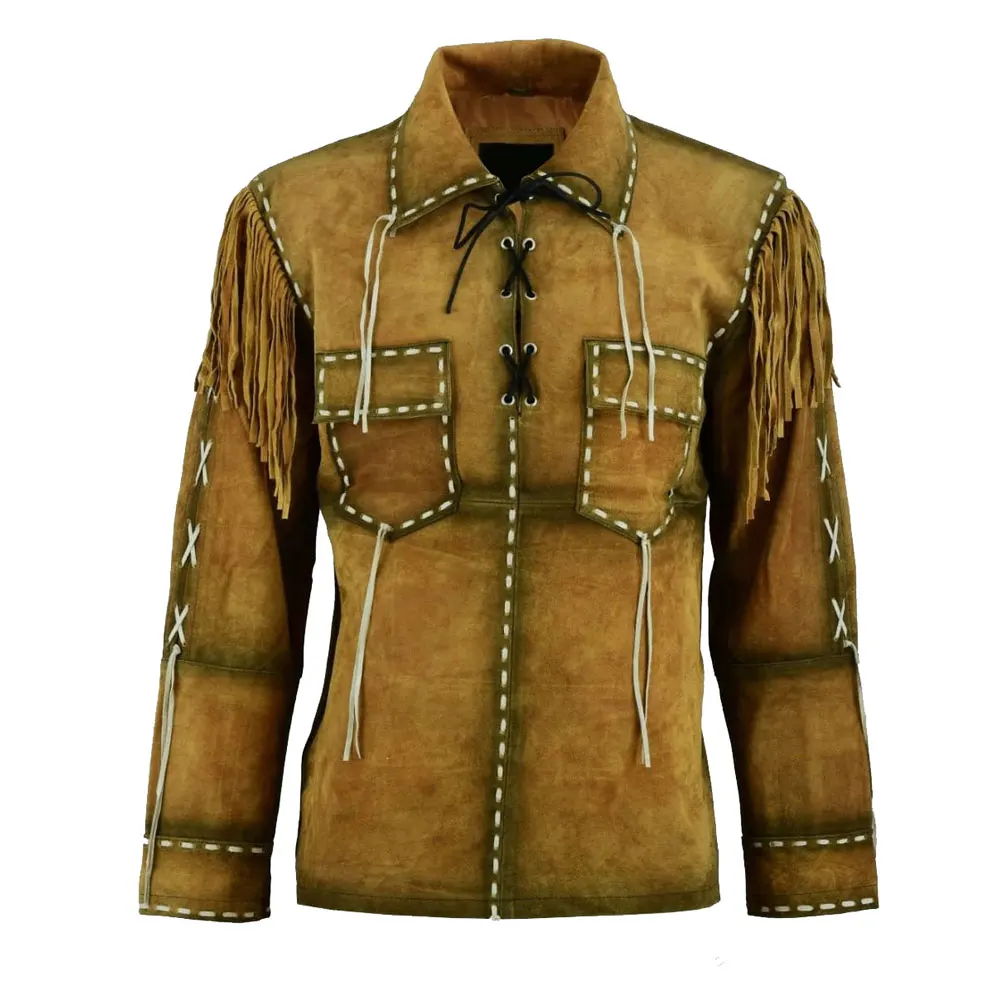 Western Style Cowboy Style Fringed & Beaded Hand Made Work Cow Suede Men Leather Shirt / Cowboy Suede Leather Jacket