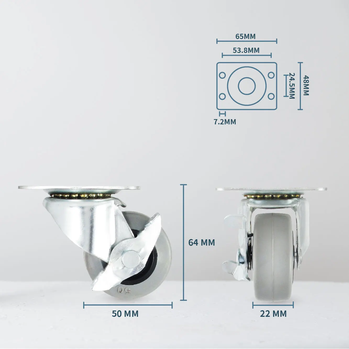 2- Inch Locking Wheel Casters Grey TPR Wheel With Side Brake