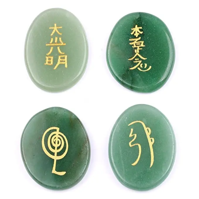 Green Aventurine Engraved Reiki Oval Set Chakra Stone For Emf Protection-Used As Chakra Reaiki Set