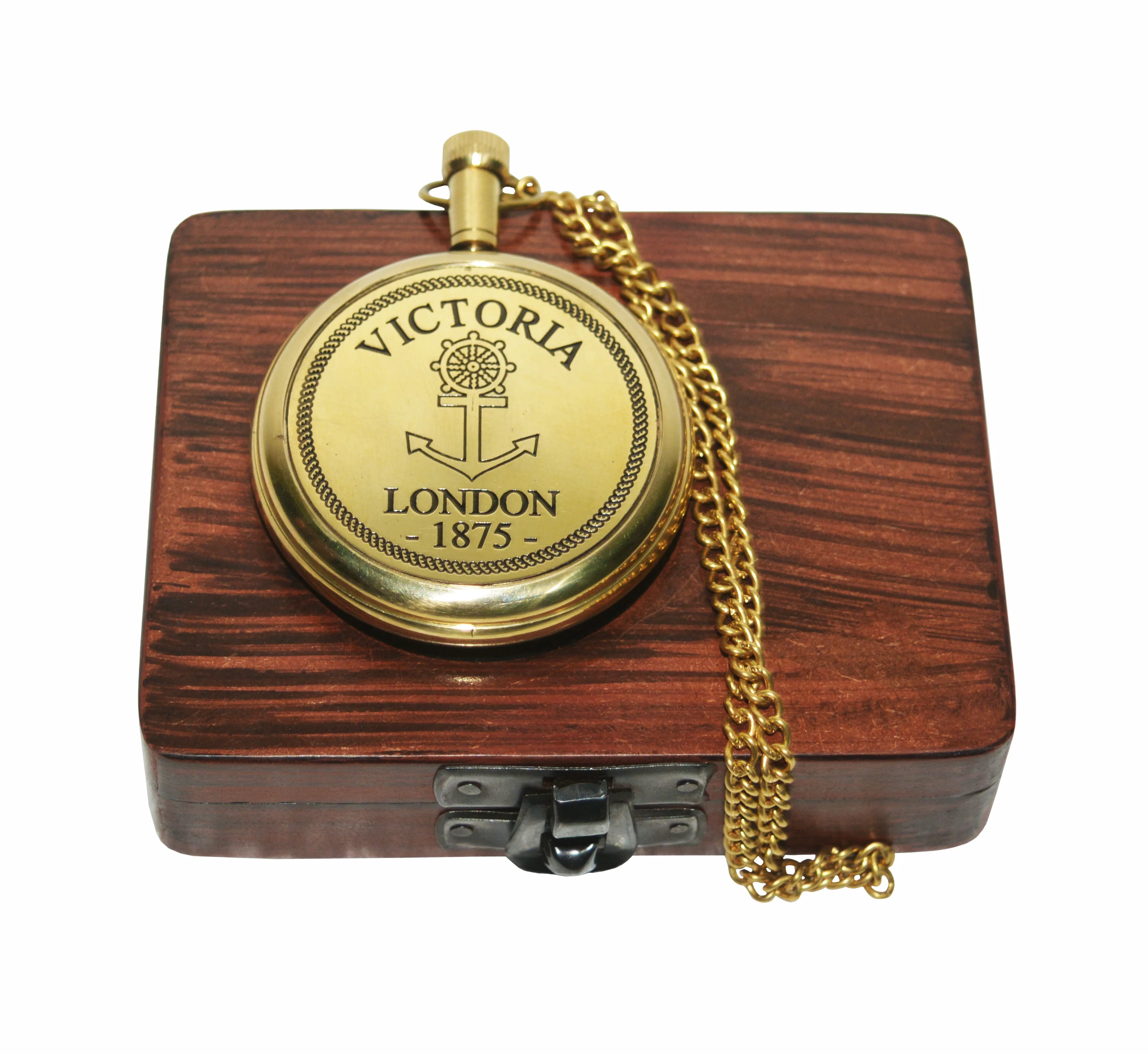 Античные винтажные морские 1875 Victoria London латунные карманные часы с 12-часовым аналоговым дисплеем и деревянной коробкой по