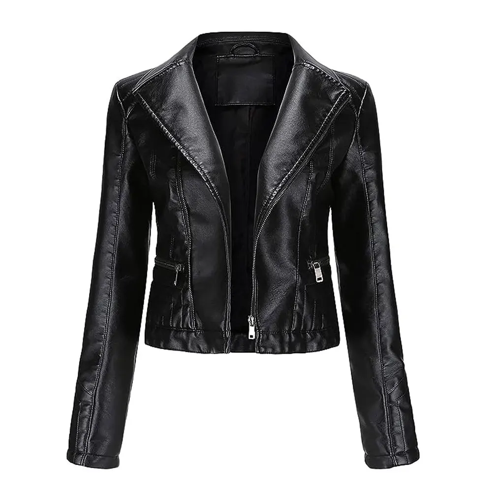 Leather Jacket Women Sexy Long Sleeve Zip Moto Biker Black Cropped Jackets Belt Fall Oversized Motorcycle Women Jackets