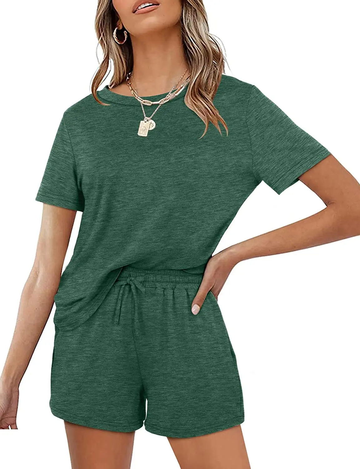 Hot Sale Women Short Sleeve T Shirts and Pants 2 Piece Outfit Biker Set Short Sport Set