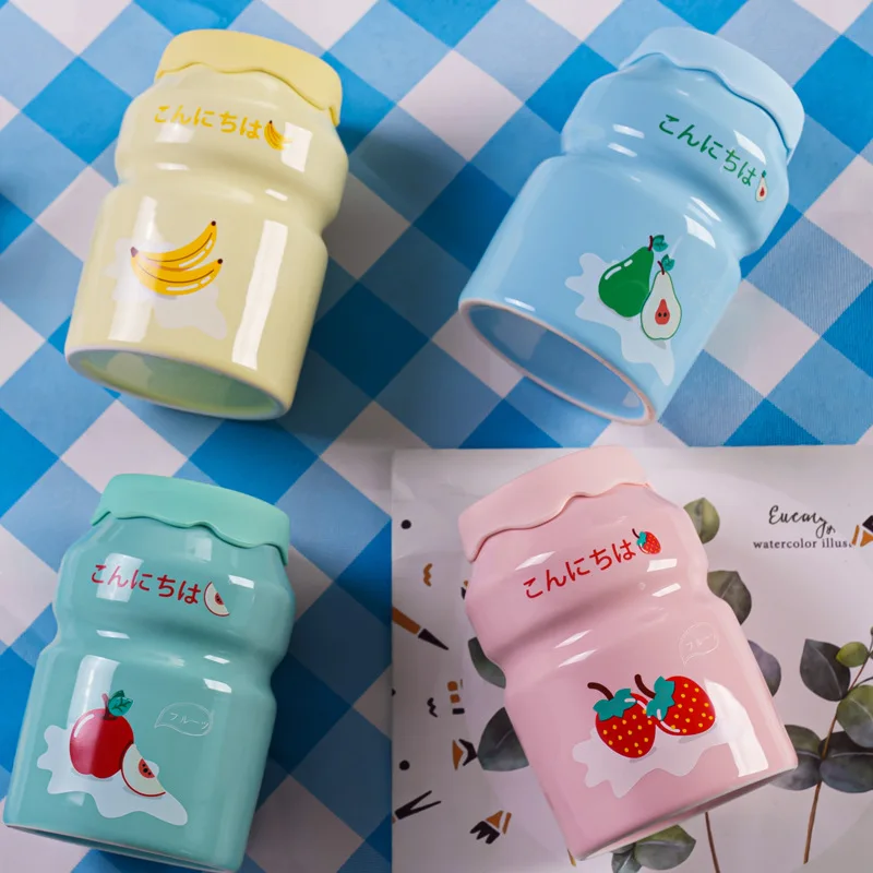 Custom Cute Cartoon Fruit Ceramic Mug With Lid Glass Straw Drinking Water Cup Large Capacity Portable Milk Coffee Cup