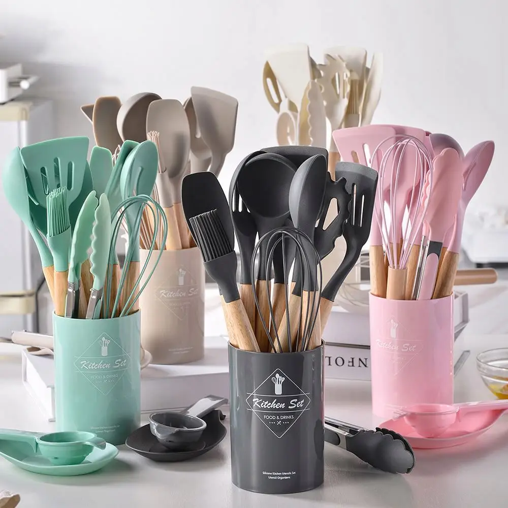 Silicone Kitchen Accessories Non-stick Cookware Wooden Kitchen Tools in Stock 12 Pcs Home Kitchen Utensils Silicone Spoon Holder