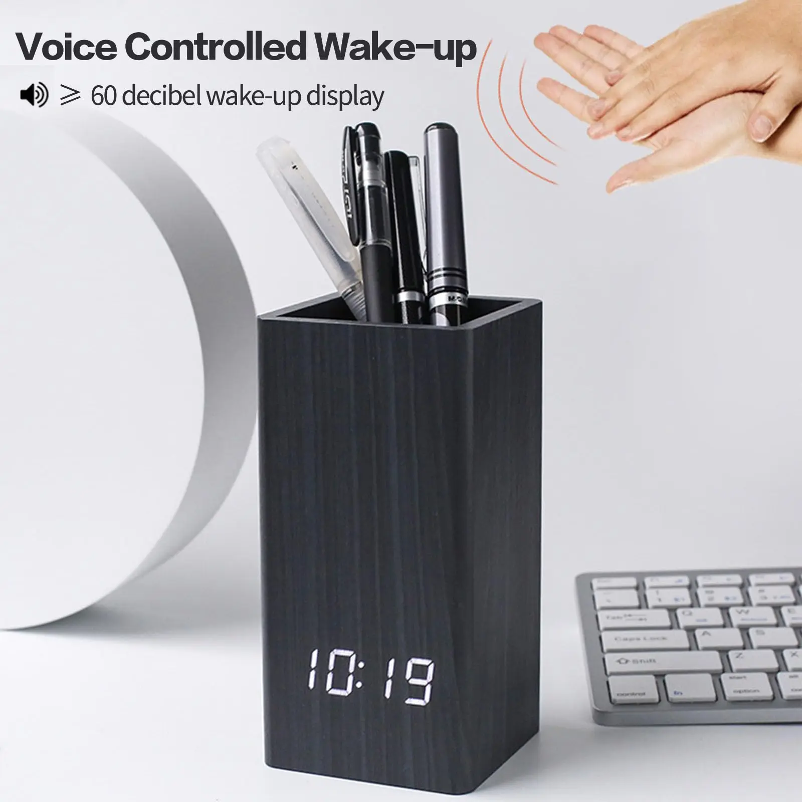 Multifunctional Desk Wooden LED Clock Creative Electronic Pen Holder Clock Silent Battery or Plug-in Alarm Clock For  Office