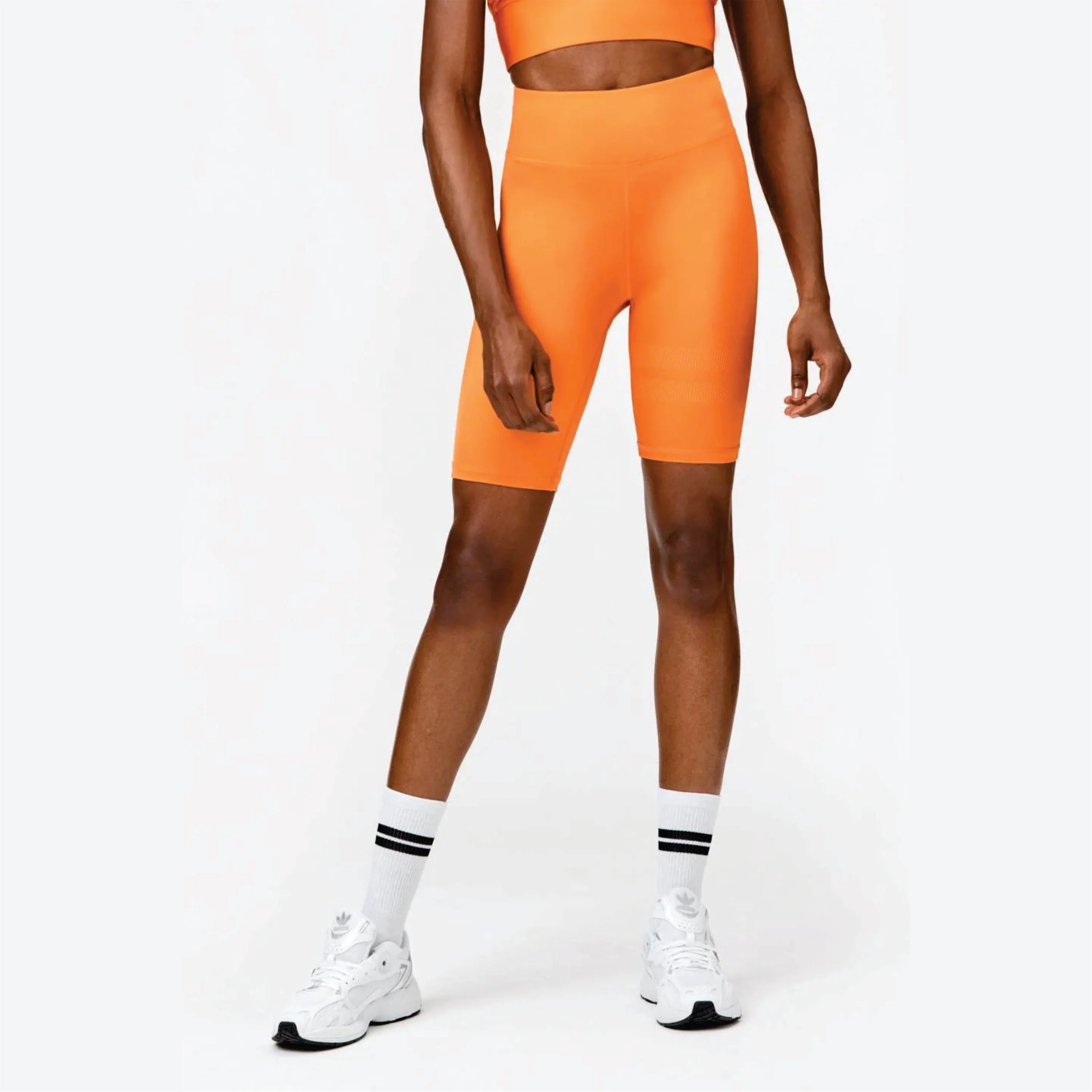 High Waist Squat Proof Pocket at back Shiny Fabric 85% Polyamide 15% Elastane Sun Orange Bike Shorts