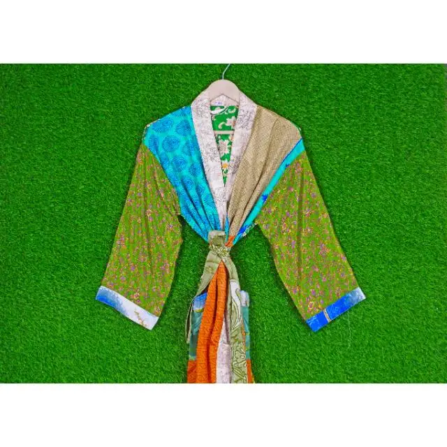 Women Vintage floral Silk Saree Casual Kimono Hippie Sari Bohemian Nightgown Women Beach Wear Sexy Silk Kimono