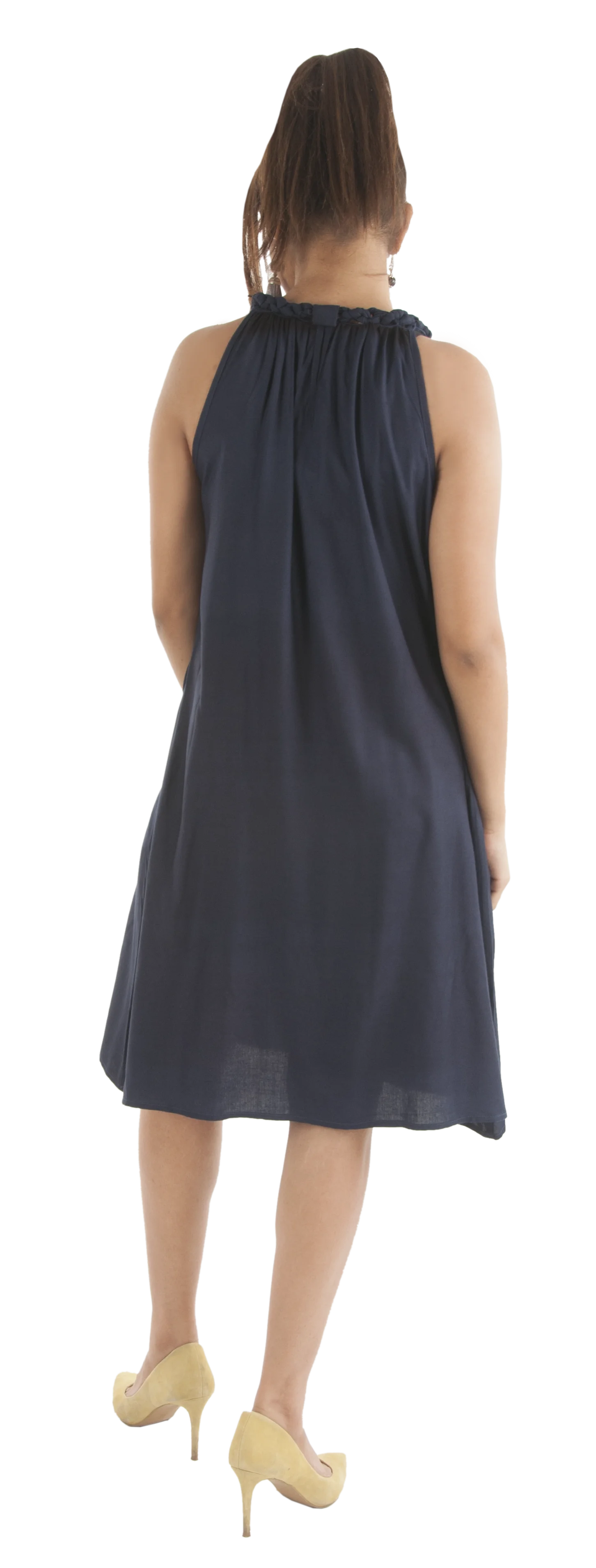 Top Quality Bamboo Knee Length Stylish Neck Braid Design Dress with Flowing Bottom for Girls available at Reasonable Price