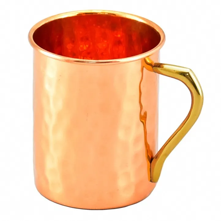 Top Selling 100% Copper Material Moscow Mule Mugs Handcrafted Cylindrical Hammered Finished Gold Brass Handle For Multi Purpose