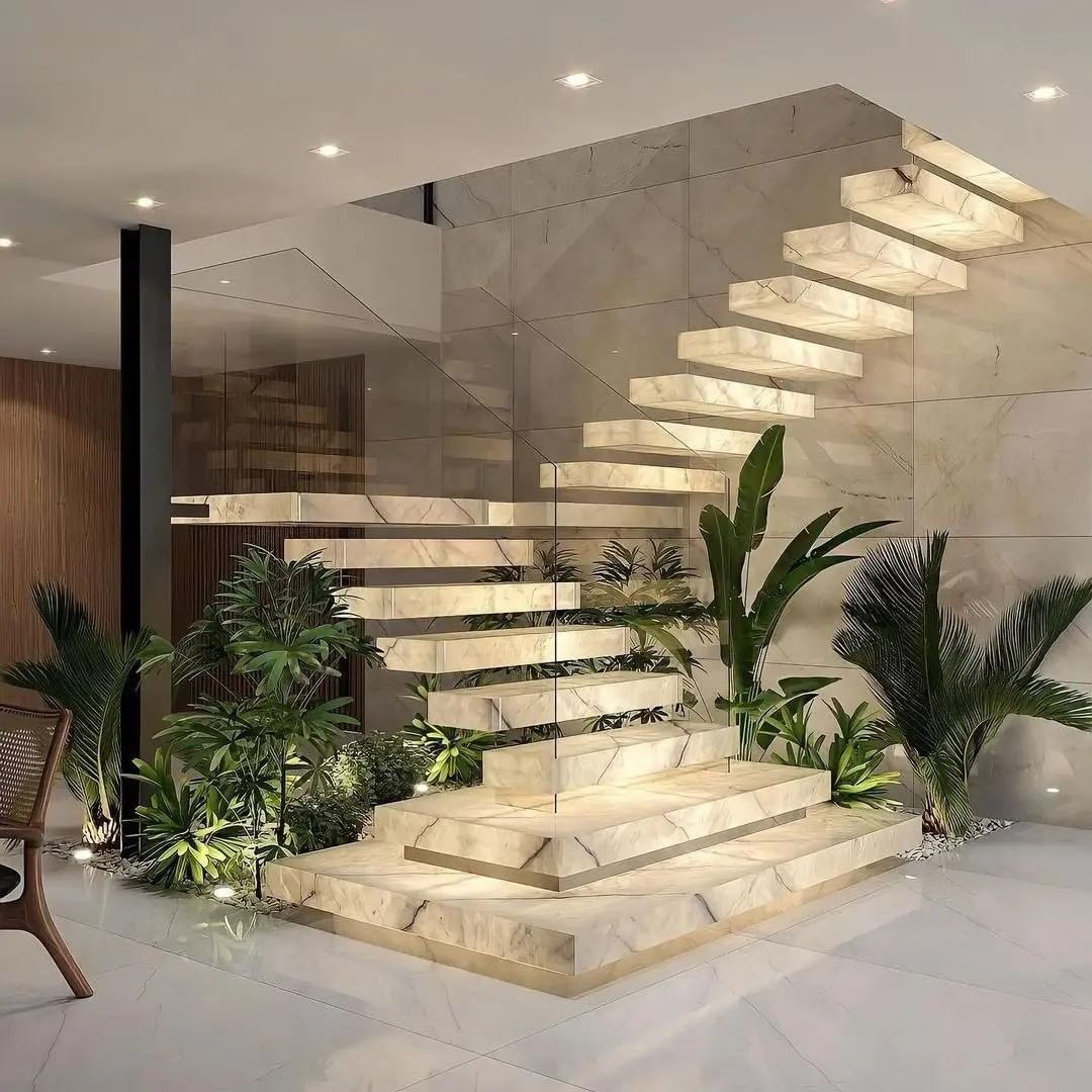 Modern LED wooden stairs stringer staircase wood treads stairs with glass