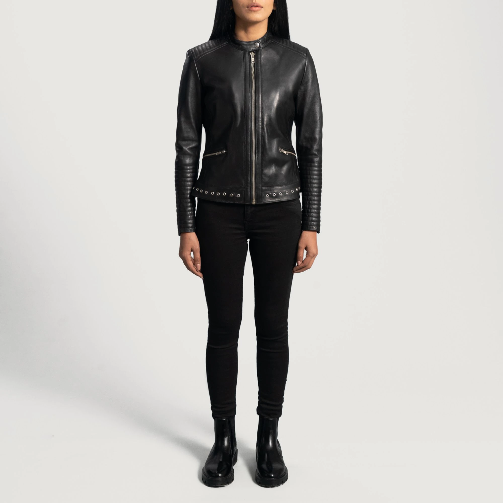 Real Leather Sheepskin Aniline Zipper Cityscape Black Women Biker Jacket with Quilted Viscose Lining and Inside Outside Pockets