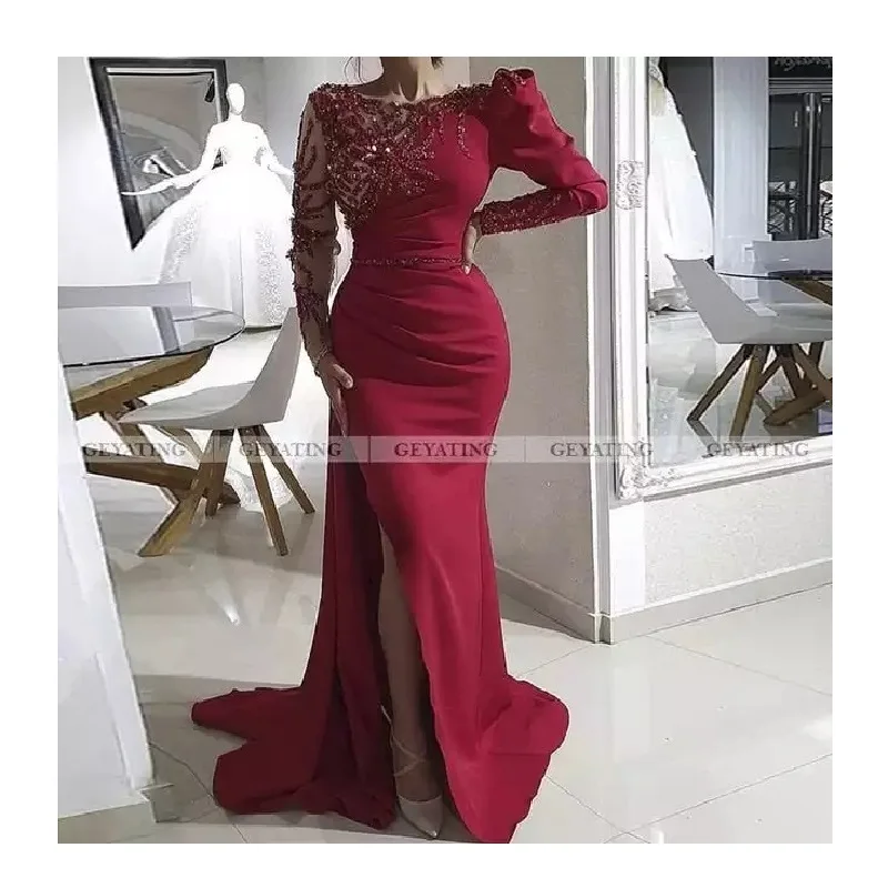 Elegant Red Mermaid Long Sleeve Dubai Evening Gowns Arabic Women Formal Dresses Wedding Guest Party Dress