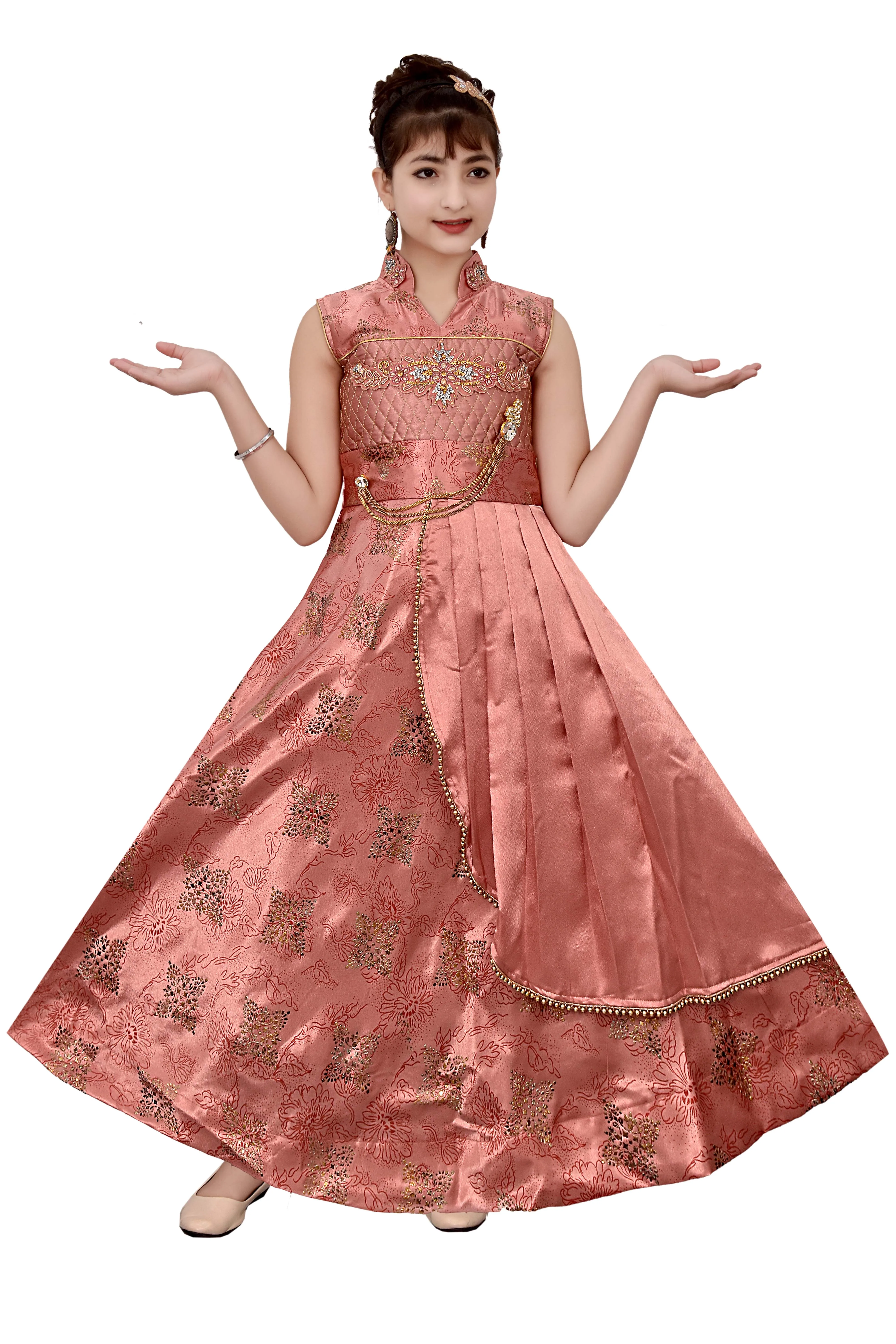 Best Quality Most India Trending Silk Satin Floral Print Design Long Maxi Gown Dress For Girls  4 - 11 Years In Stock Item