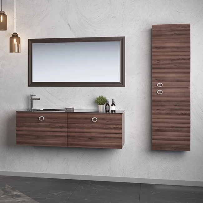 Anzer 120 Walnut Modular Bathroom Furniture Set with Coffee Glass Vanity and Eco-Framed Mirror