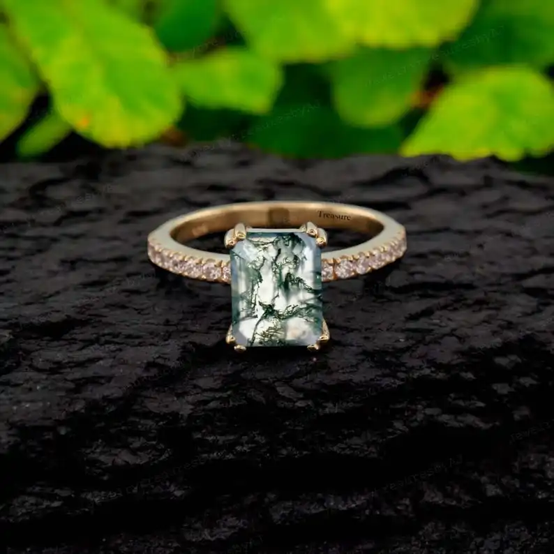 High Quality Natural Moss Agate Ring Emerald Gemstone 925 Sterling Silver Ring Brass And Gold Plated Customized Jewelry