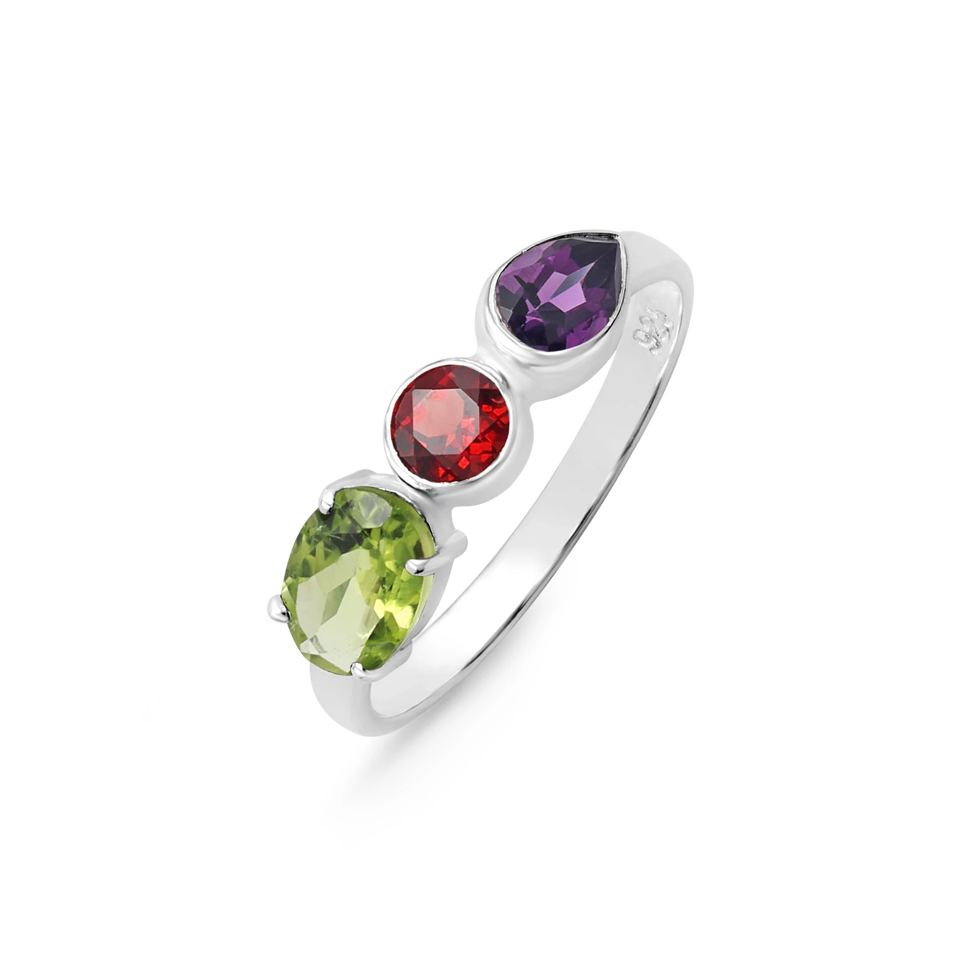 Trendy 925 Sterling Silver Oval Round Pear Cut Natural Peridot Garnet Amethyst Faceted Gemstone Band Ring Fine Jewelry For Women