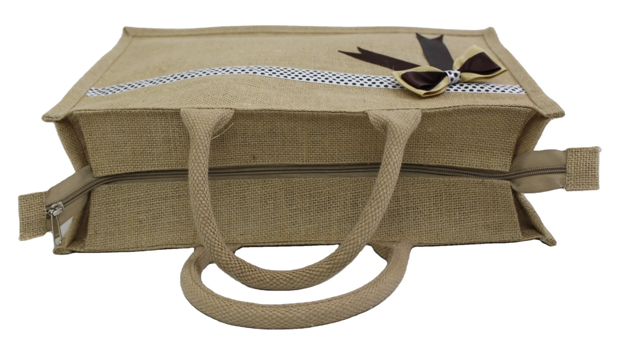 Zip Closure Designer decorative Satin Bow work PP Laminated Natural Jute Tote Gift Bag with padded Rope Handle