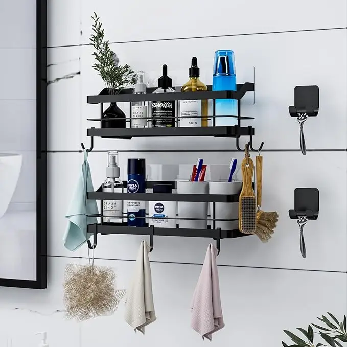 Adhesive No Drilling Stainless Steel Bathroom Wall Mounted Shelf Shower for Home Use