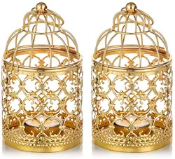 Uniquely Designed 2 Pcs Small Metal Tealight Hanging Birdcage Lantern Vintage Decorative Centerpieces of Wedding Party Gold