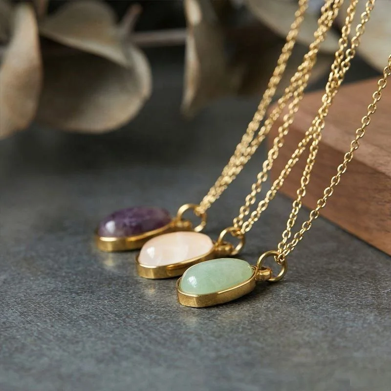 Gold Plated Stainless Steel Jade Stone Crystal Necklace Healing Natural Precious Stones Pink Quartz Necklace