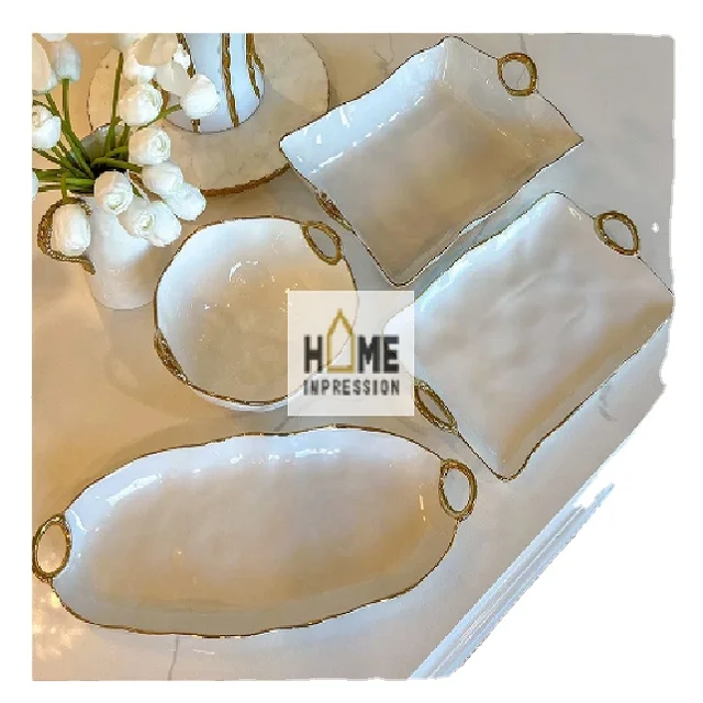 White & Gold Enamel Food Serving Trays Handmade Luxury Enamel Trays Wholesale New Designer Trays