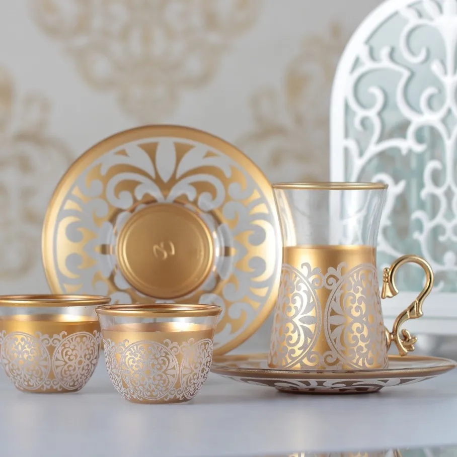 18 PCS TURKISH TEA AND ARABIC GAHWA SET WITH HANDLE - ROUND GOLD
