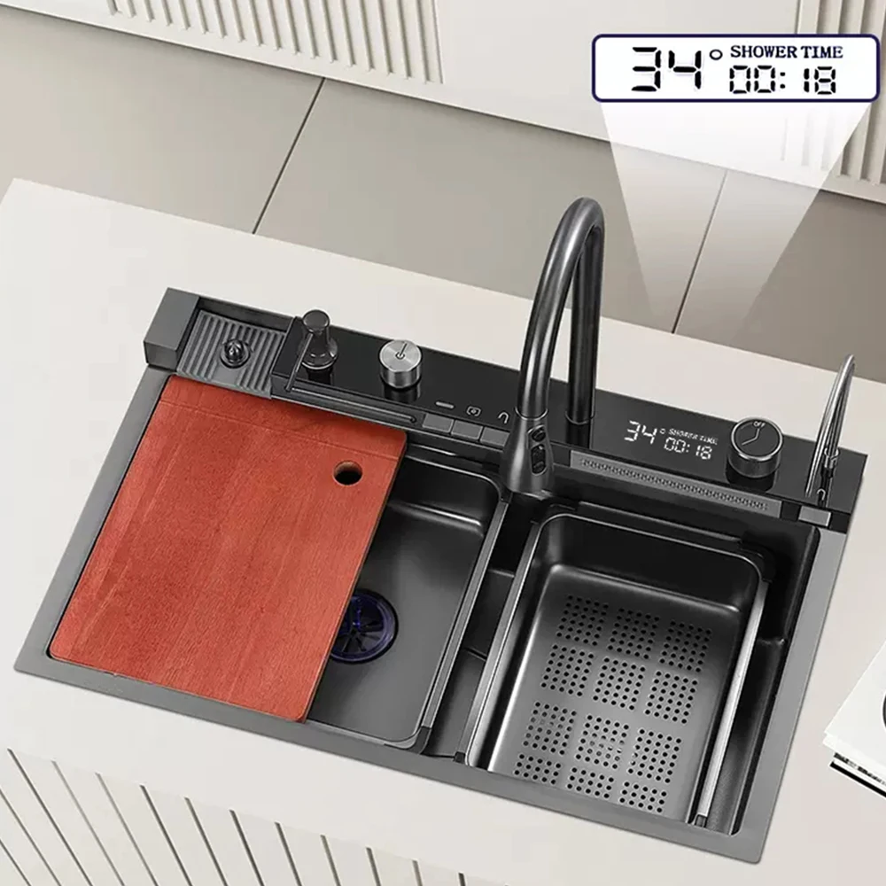 rectangular single bowl stainless steel sink Integrated digital display piano key glass rinser smart kitchen sink