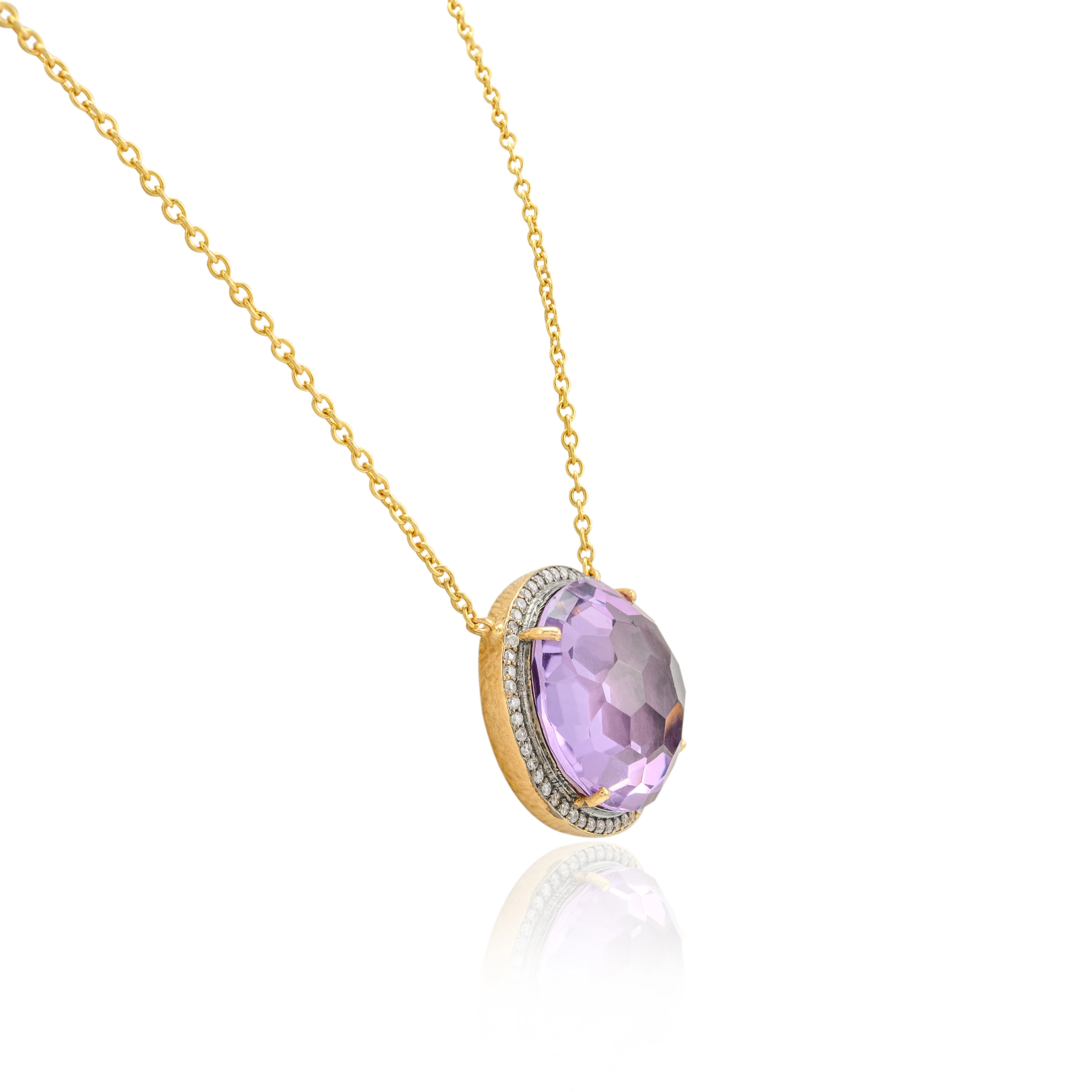 Handmade 100% Natural Round Football Cut Amethyst And Diamond 14K Solid Yellow Gold February Gemstone Necklace Fine Jewelry