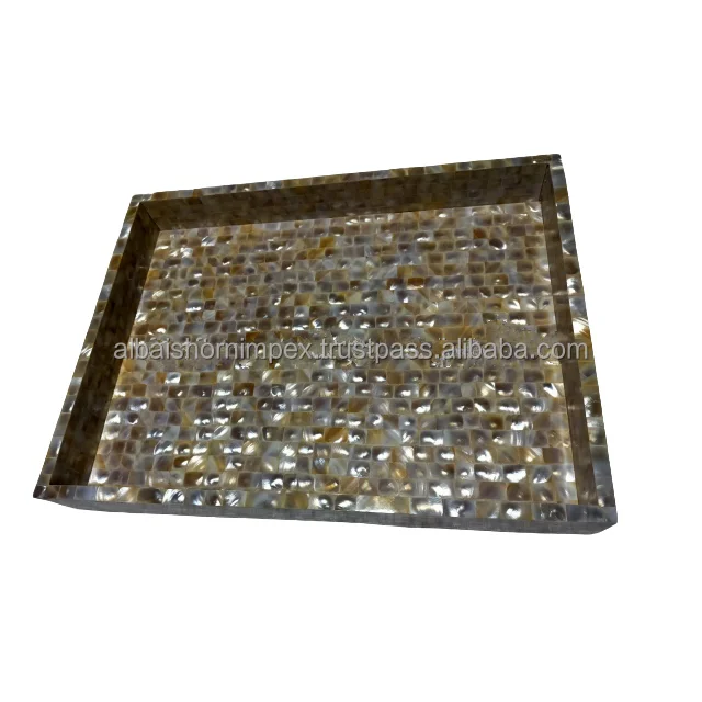Handmade Custom Square Metal Brass Tray Mother Pearl Bone Inlay Wood Acrylic Square Platter Home Decor Food Serving Direct India