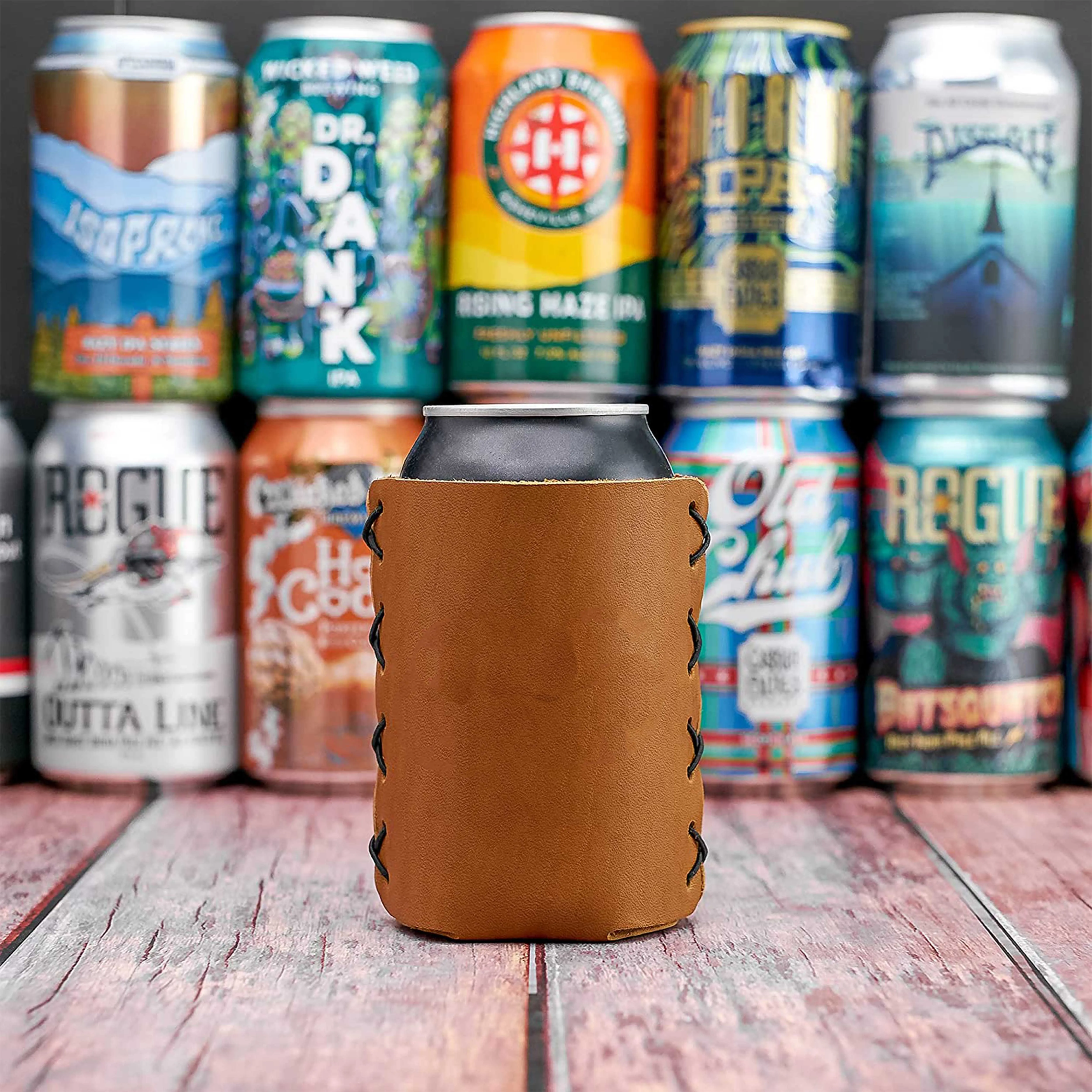 OEM Factory Made Rich Grain Leather Personalized Leather Can Hugger/Holder Fits 12 to 16 Ounce Cans