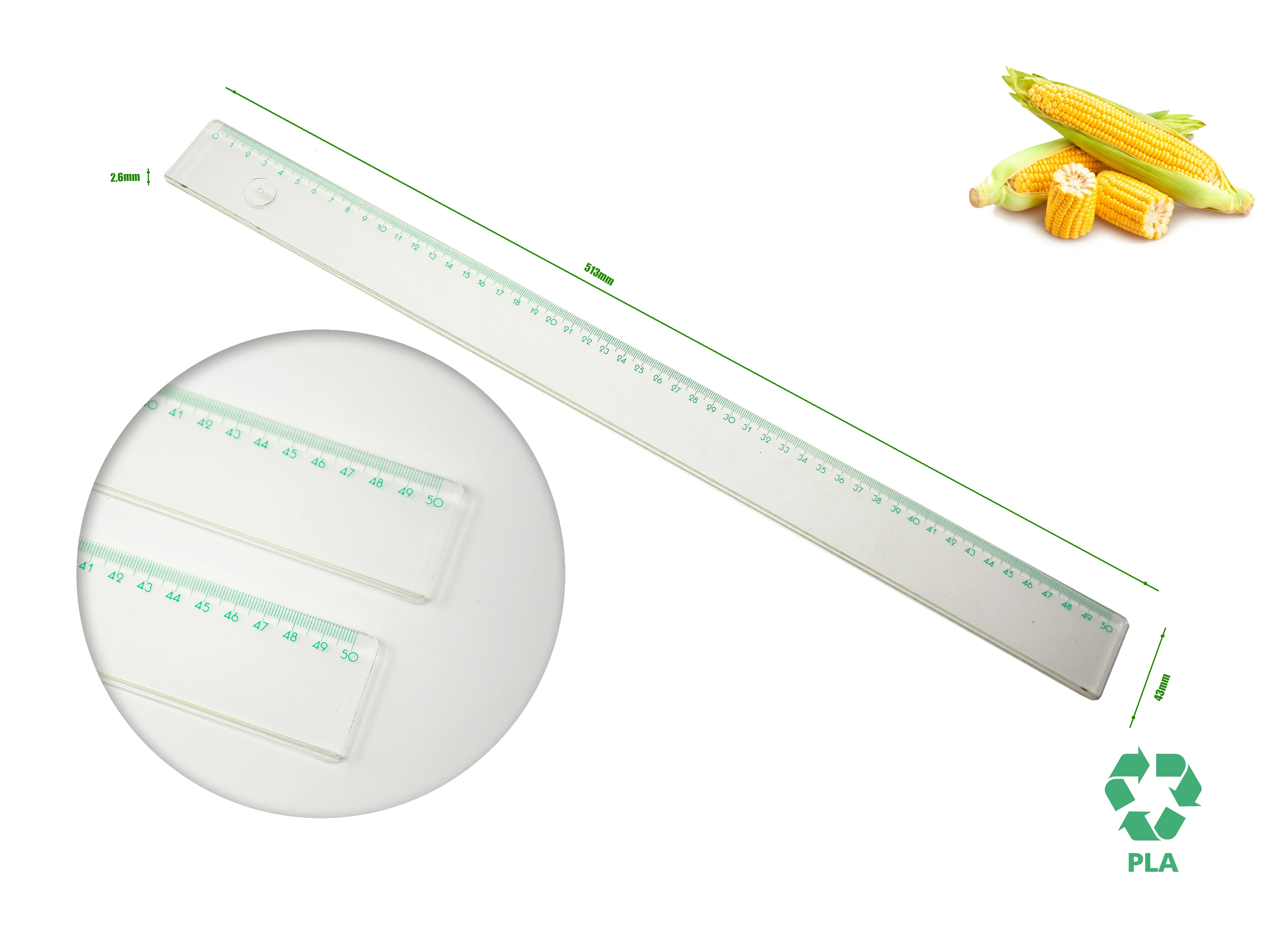 Sustainable retailer compostable PLA polylacticacid 100% biodegradable plastic ruler 50 cm for drawing