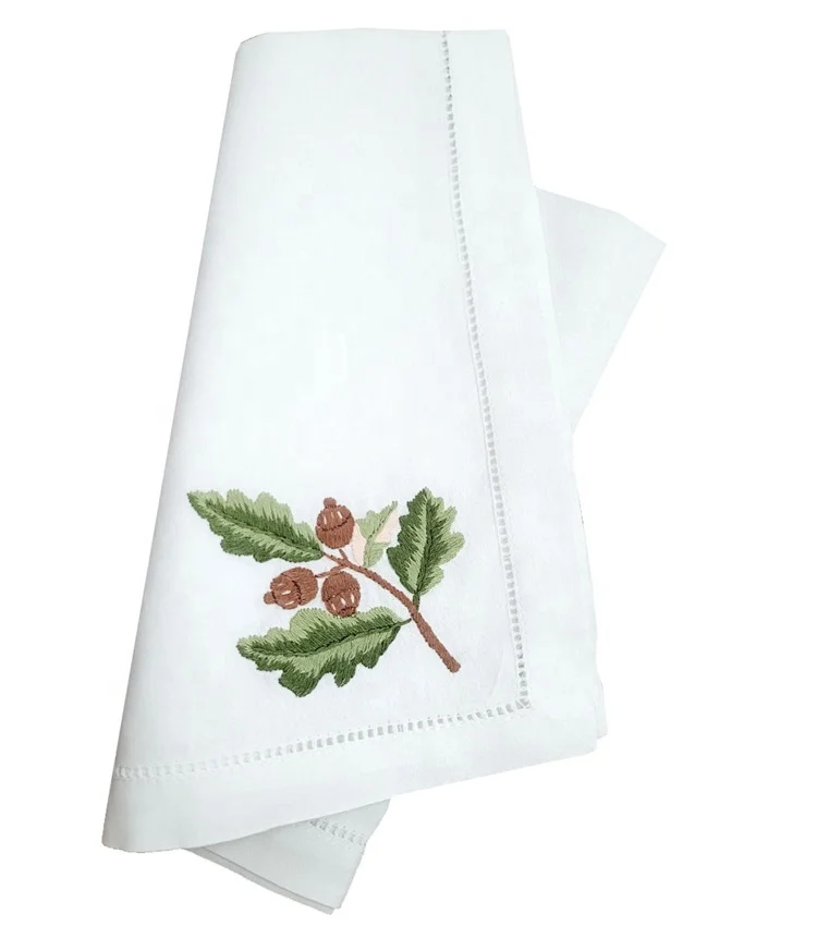 Custom Wholesale Embroidery Almond Branch Dinner Napkin High Quality Cotton Hemstitch Table Napkin for Home Hotel Events