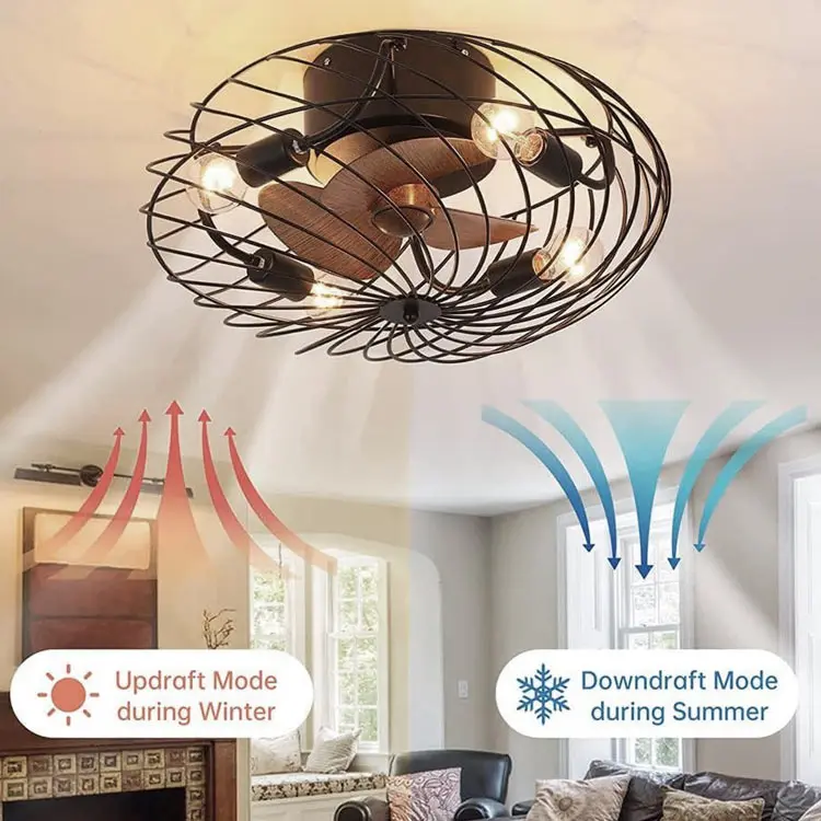 Indoor Low Profile Rustic Fan Light Small Flush Mount Industrial Black Iron Reversible Caged Flush Mount Ceiling Fan with Light