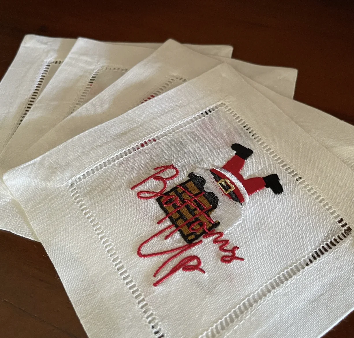 Bottoms up Santa Holiday Cocktail Cloth Napkins Embroidered for Festive Beverages