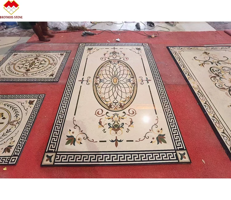 custom made marble carpet whole floor inlay beige marble flooring design classic lobby waterjet marble medallion for home
