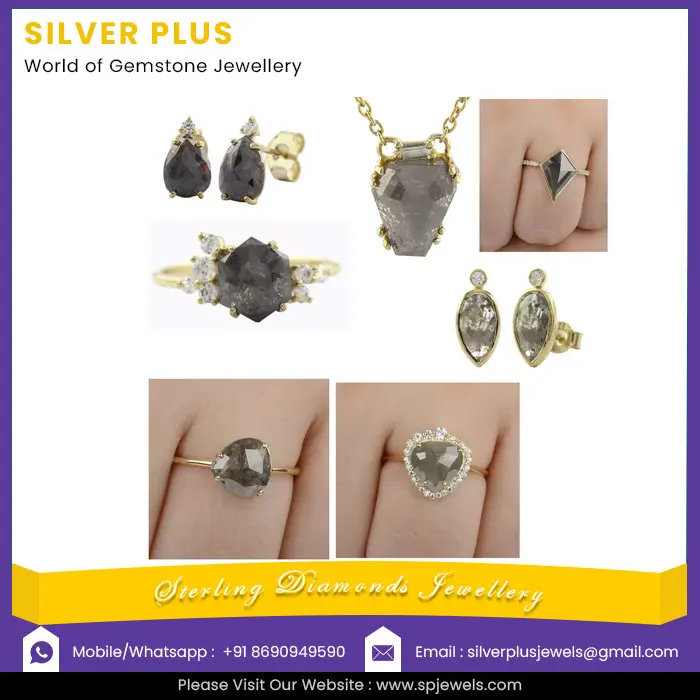 Solid 14K Yellow Gold Salt and Pepper Rough Diamond Jewelry Stud Earrings Pendant Necklace, Ring Jewelry Collection