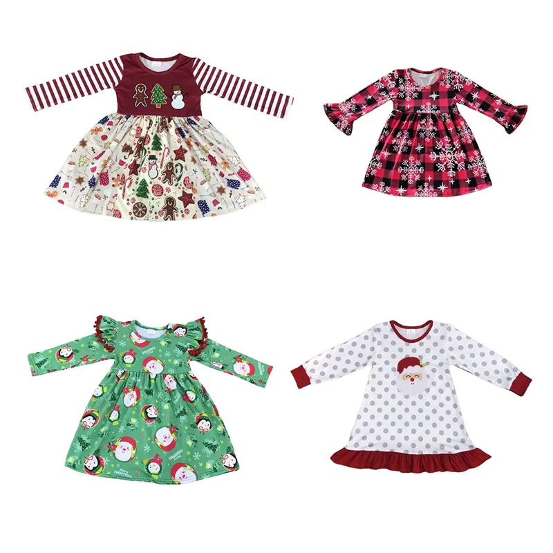 Wholesale children clothing boutique hot selling milk silk Christmas Snowman Candy Long Sleeve dress