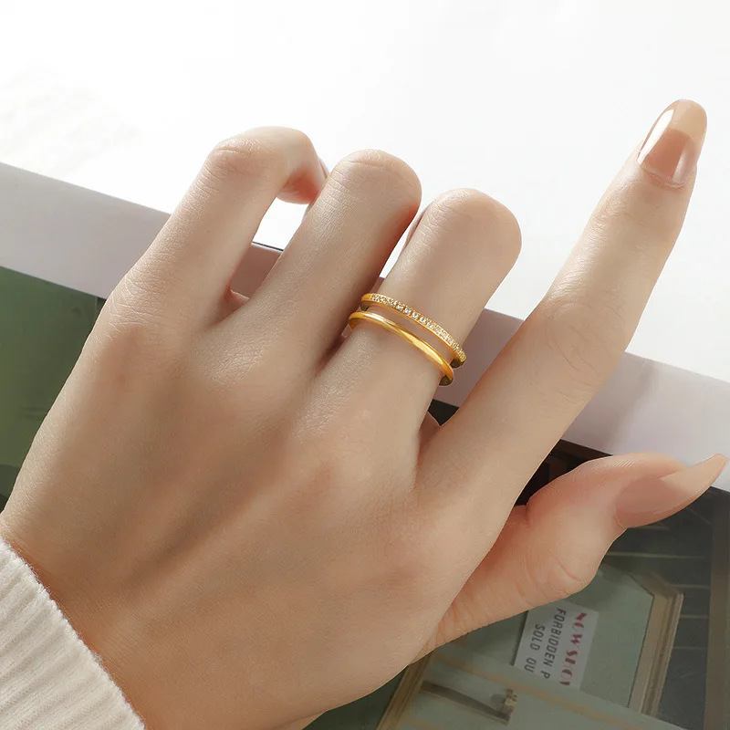 Fenyi wholesale jewelry fashion men and women 18K PVD gold-plated double-layer zircon couple rings not easy to oxidize jewelry