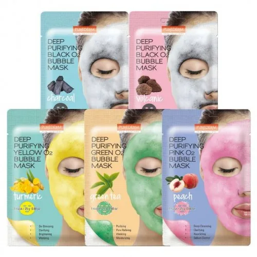 PUREDERM Deep Purifying Black O2 Bubble Mask Charcoal, Volcanic, Turmeric, Green Tea, Peach Made in Korea
