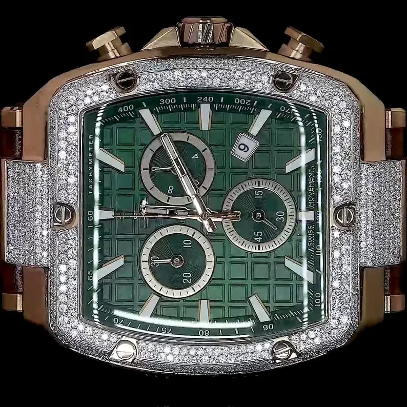 Роскошные мужские часы с зеленым циферблатом и стразами хронограф акцентом из розового золота швейцарские