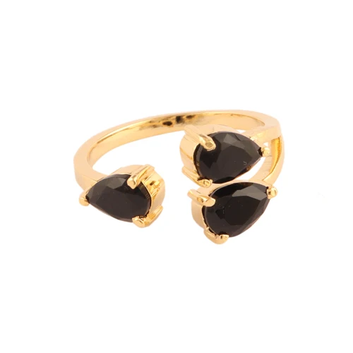 High Quality Luxury Ring Faceted Pear Black Onyx Three Stone Statement Ring Gold Plated Prong Setting Open Adjustable Ring Gift