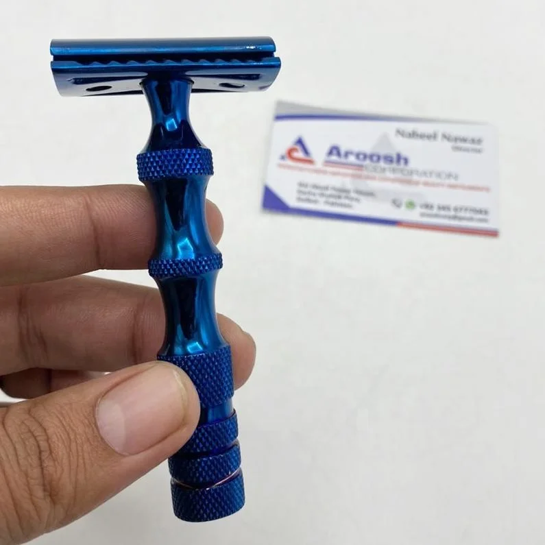 Plasma Blue Titanium Stainless Steel 3 Piece Double Edge Safety Razor For Men Shaving Kit