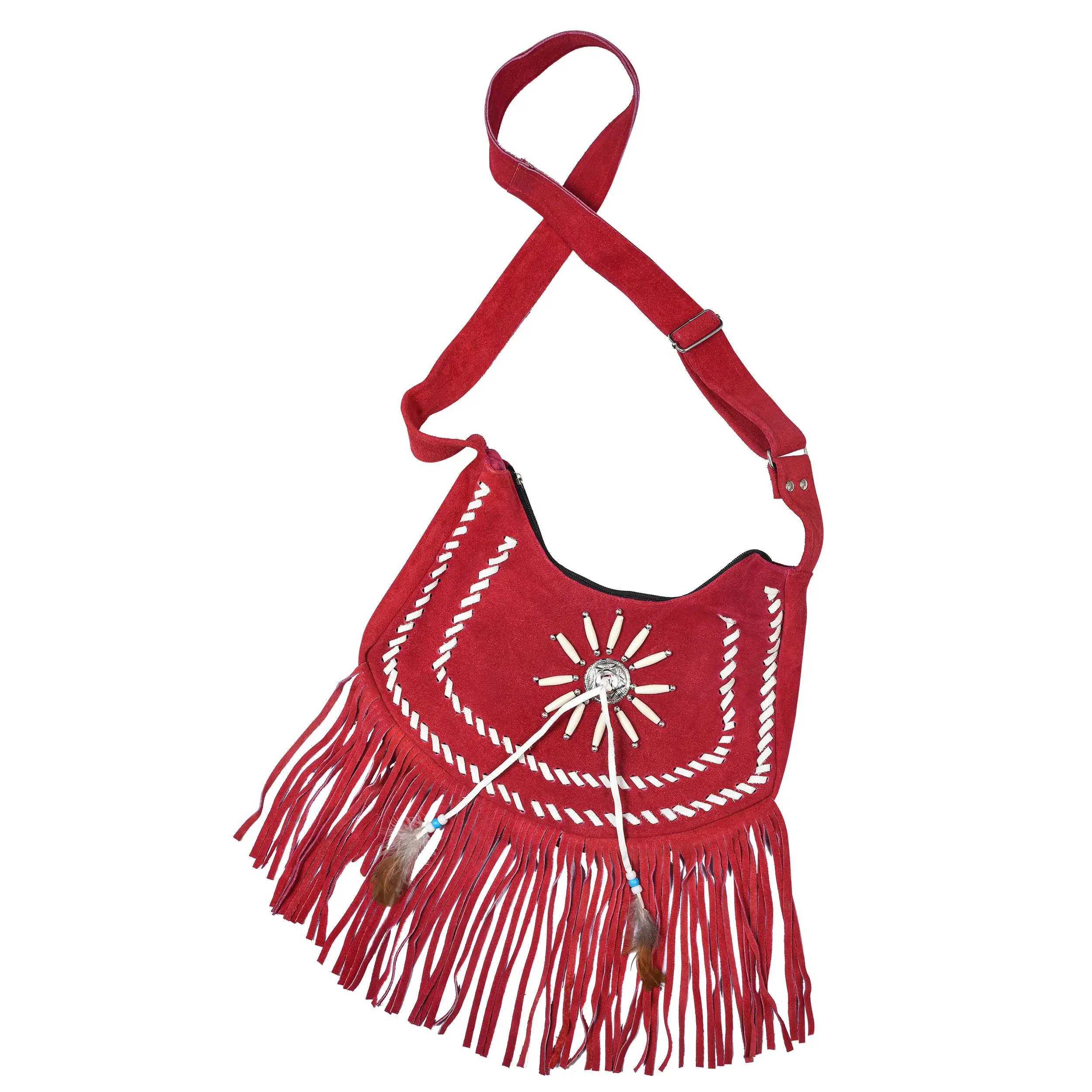 New Red High Quality Handcrafted Beaded Hippie Suede Fringe Bag For Women Crossbody Fringe Handbag For Wholesale