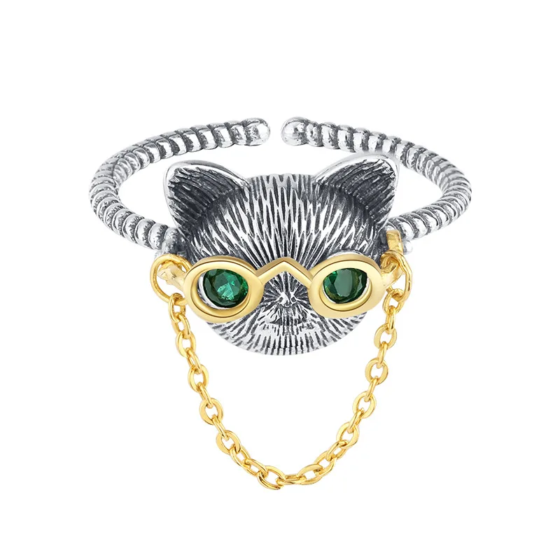 S925 sterling silver Dr. Cat glasses movable chain open ring for women retro green-eyed cat finger